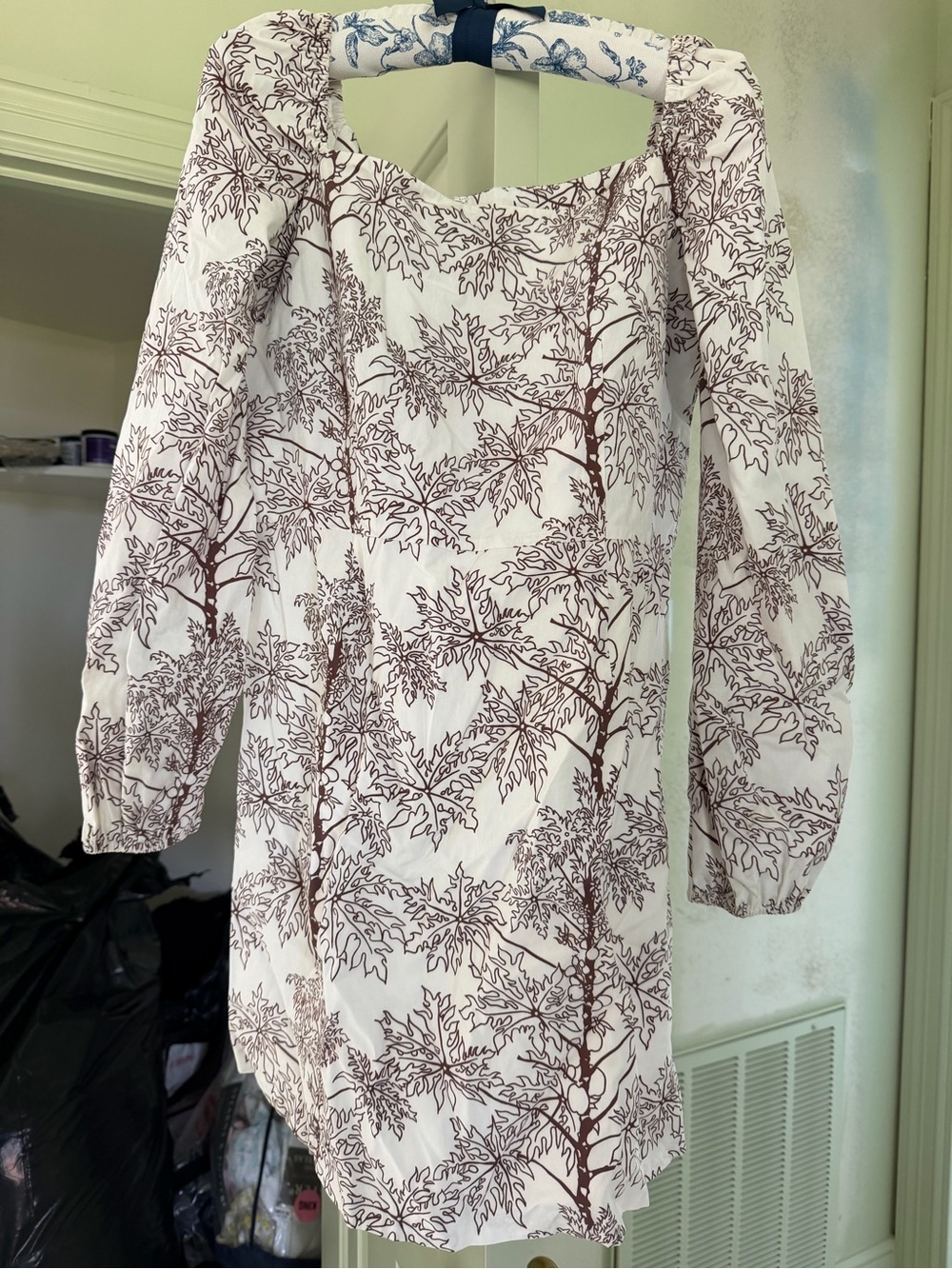 Coco Shop White Dress with Brown Botanical Print - Women's Long Sleeve Dress